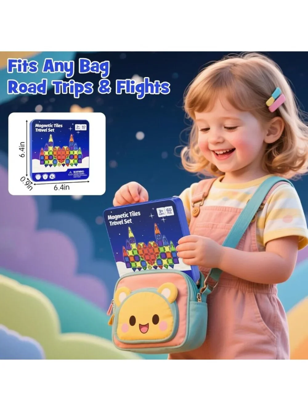 60pcs Mini Magnetic Building Tiles Travel Kit for Kids 3-8, STEM Sensory Toys